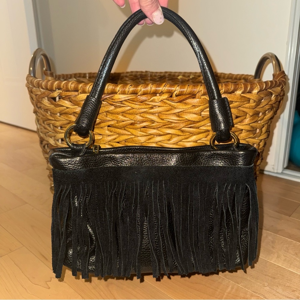 Fringe small handbag real leather black and gold